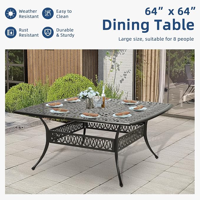 SOCIALCOMF 9-Piece Patio Cast Aluminum Dining Set, Outdoor Table and Chairs Set for 8, Includes 64" Large Square Dining Table, 6 Stationary, 2 Swivel Dining Chairs with Umbrella Hole, Navy Blue