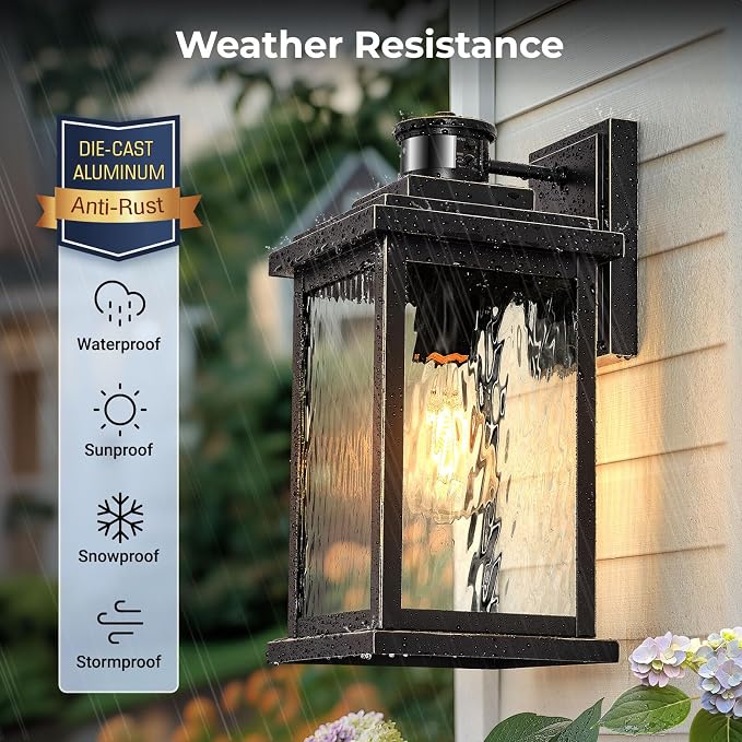 VIANIS Large Motion Sensor Outdoor Lights, Dusk to Dawn Outdoor Lighting with Water Glass, Easy-Install Aluminum Waterproof Hardwired Exterior Lights for Porch, Garage, Front Door