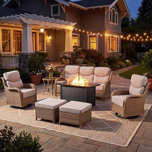 Luxury Patio Furniture Set with 42.5" Fire Pit Table, 6 Pieces High Back All Weather Wicker Outdoor Furniture w/ 6-Inch Thick Cushions, Patio Swivel Chairs Couch for Deck Balcony Backyard Yellow/Beige