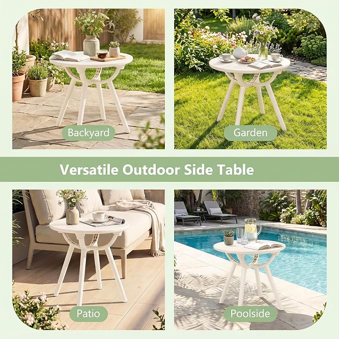 Tangkula Outdoor Side Table, 20" Round Patio Bistro Table, Outside Accent Coffee Table for Poolside, Balcony, Garden, Porch, Lawn (2 Pack,Off-White)