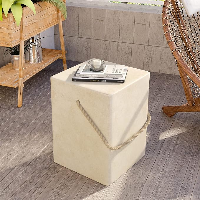 HOMPUS Outdoor Side Table Sets of 2 w Hemp Rope Handle, 2 Pieces Patio MgO Concrete Natural End Table, Square Accent Table Sets, Small Coffee Table for Garden, Patio, Porch and Deck, Warm Grey