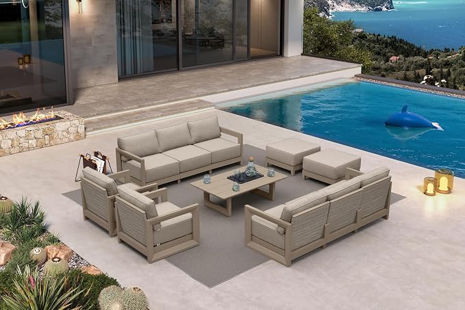 PURPLE LEAF Patio Furniture Set Enclosed Outdoor Couch with 9.6" Thick Cushion and Soft Pillows 11 Piece Modern Outdoor Conversation Sets with Ottoman Patio Sectional Sofas for Yard Pool Deck, Khaki