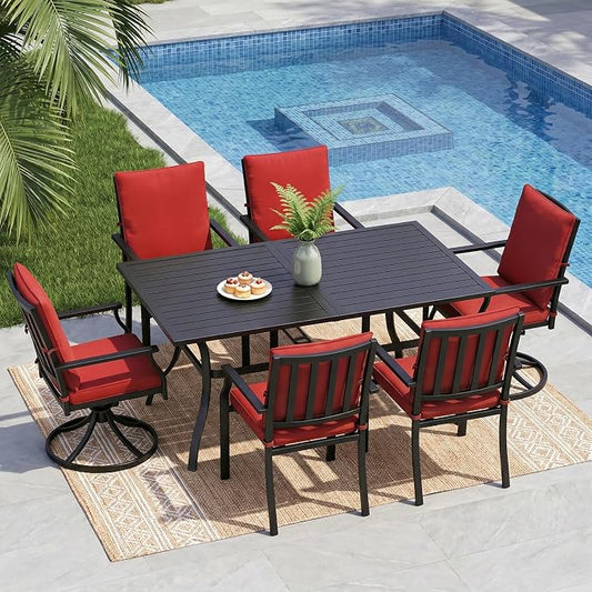 LVUYOYO 7-Piece Outdoor Patio Dining Set, Metal Dining Chair & Rectangular Table Set, All-Weather Furniture for Backyard, Garden,Balcony,Porch (Red)