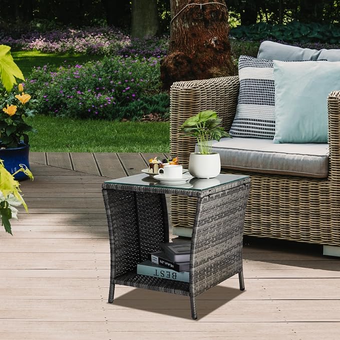 Wicker Rattan Side Table, Outdoor Square Rattan Coffee End Table with Tempered Glass Top and Storage for Patio Porch Lawn (Gray)