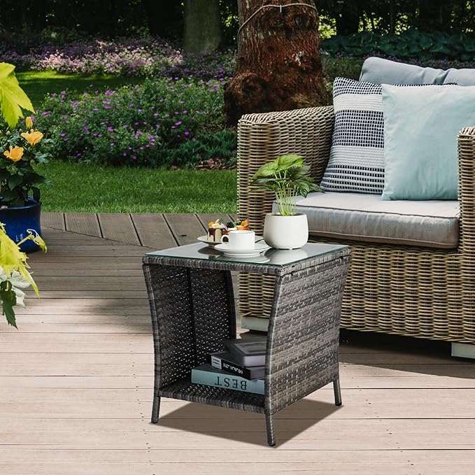 Outdoor Patio Wicker Side Table, Square End Table Bistro Coffee Table with Glass Top Storage Shelf for Porch Garden Backyard Rattan End Table Furniture with Storage (Light Grey)