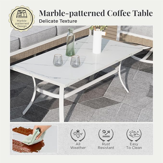 6 Piece Metal Patio Furniture Set, 7-Seat All Weather Outdoor Conversation Set with 3-Seat Sofa & 4 Fixed Chairs & Coffee Table, Outdoor Sofa Set for Backyard, Deck, Garden, White/Light Grey