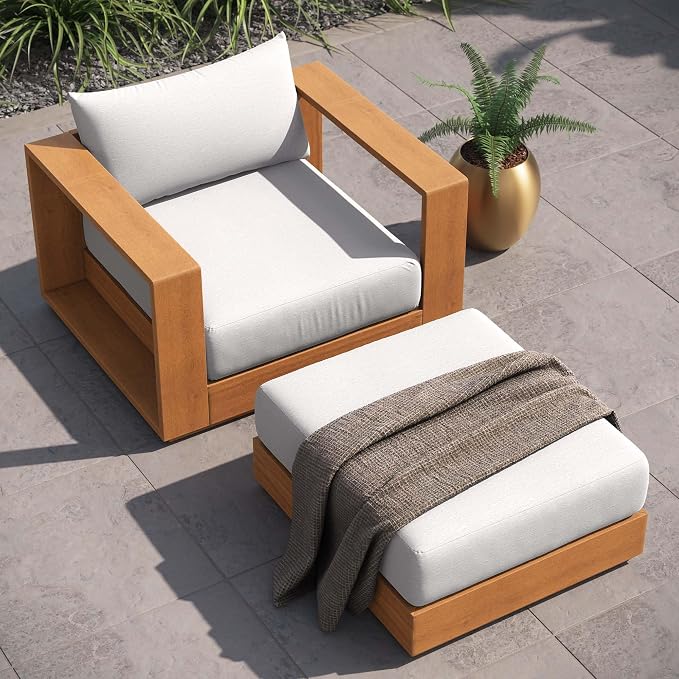 Modway Tahoe Acacia Wood 2-Piece Outdoor Patio Set in Natural Light Gray - Includes Lounge Chair and Ottoman with Weather-Resistant Cushions