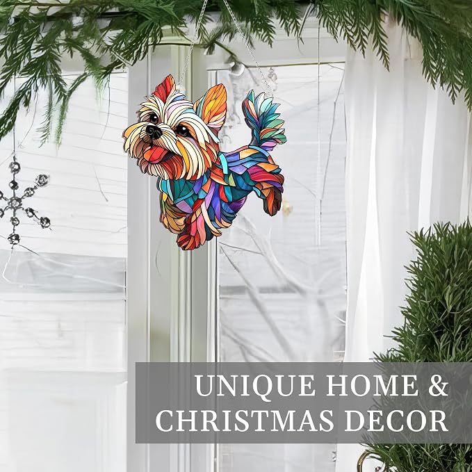 Yorkshire Gifts for Women, Colorful Yorkshire Ornament for Window Hanging | 4.4"x4.6" Acrylic Suncatcher Ornament Faux Stained Glass, Dog Lovers Gifts for Women, Dogs Christmas Ornaments for Tree