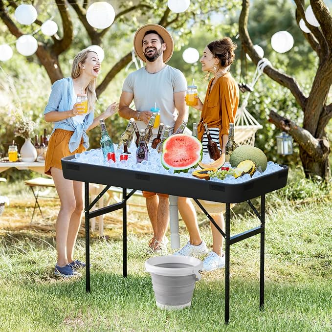 Folding Ice Cooler Table with Drain & Removable Matching Skirt, No Assembly Outdoor Cooler Side Tables, Beverage Fill and Chill Tables, Portable Ice Table for Party BBQ Camping Wedding