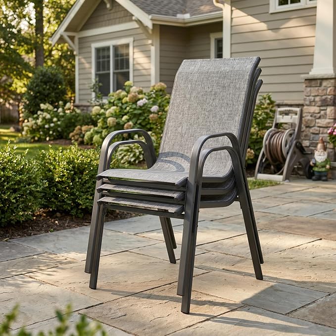 VICLLAX Round Outdoor Patio Dining Set for 8, Metal Slatted Patio Table with Umbrella Hole and 8 Stackable Patio Chairs for Deck Lawn Garden, Grey Fabric and Dark Grey Tabletop
