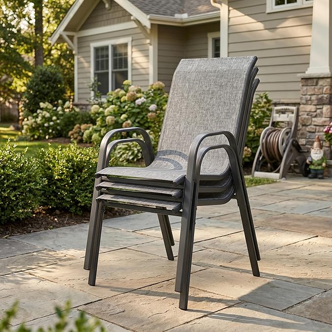 VICLLAX Square Outdoor Patio Dining Set, Metal Slatted Patio Table with Umbrella Hole and 4 Stackable Patio Chairs for Deck Lawn Garden, Grey Fabric and Dark Grey Tabletop