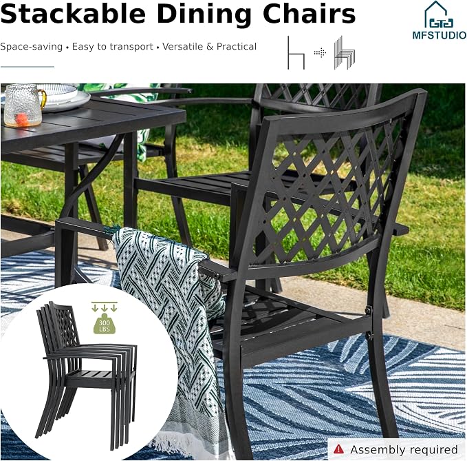 MFSTUDIO Outdoor Dining Set for 6, Patio Table and Chairs Set with Umbrella Hole, Metal Patio Furniture Dining Set for Deck Backyard Poolside Garden