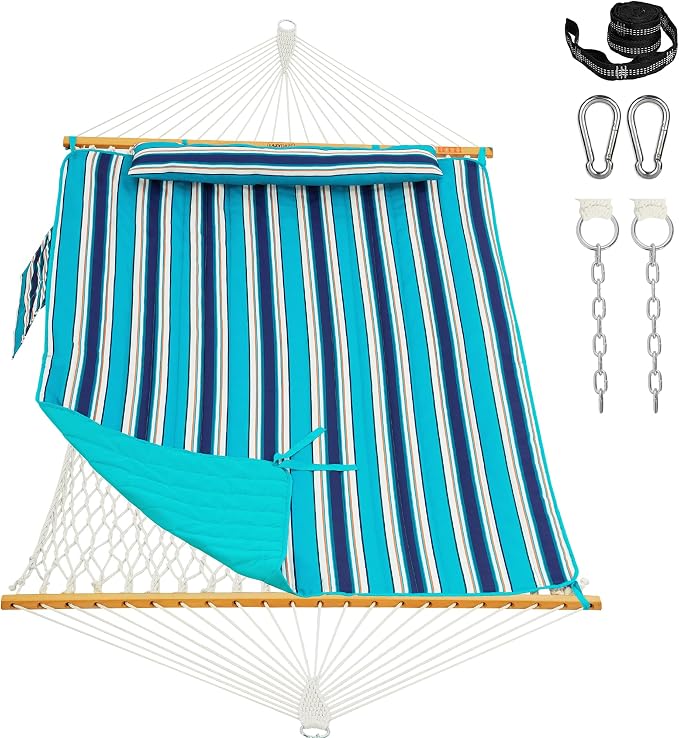 Lazy Daze Hammocks Rope Hammock with Pad, Spreader Bar, Carabiners, Tree Straps, Chains for Outside Patio- Max 450 Lbs, Turquoise Blue Stripes