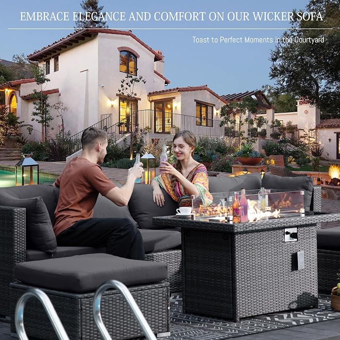 BULEXYARD 11 Piece High Back Outdoor Patio Set with Firepit, Extra Large Backyard Furniture Sectional Couch 10-Seater Modular, XL Big Wide Deep Outside Seating Area for Exterior, Dark Grey