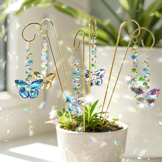6 Pcs Colorful Butterfly Crystal Suncatcher Garden Plant Stake Plant Stake | Crystal Butterfly Garden Stakes Plant Suncatcher with Golden Trellis Indoor Outdoor Garden Sun Catchers Decor