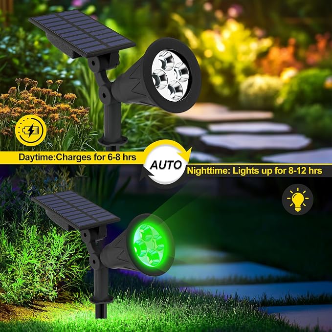 T-SUN Green Solar Lights Outdoor Waterproof,Solar Spotlight Outdoor,1 Pack | 4 LEDs, 2 Lighting Modes, IP65 Waterproof Dusk to Dawn Solar Lights for Tree, Patio, Yard, Garden, Driveway, Pool Area