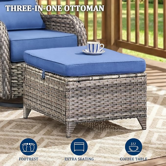 Luxury Swivel Rocker Chair Sofa Set with 6" Thick Cushions,7-Piece Wicker Patio Chair with Coffee Table and Ottoman,Outdoor Comfortable High Back Chair Patio Furniture Set - Gery | Blue