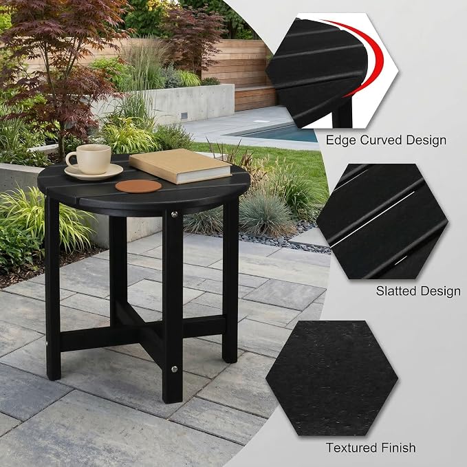 Outdoor Side Table, 18" HDPE Round Patio End Table, Weather Resistant Small Outside Table for Adirondack Chairs, Garden, Porch, Poolside, Deck and Living Room, Wood-Like Texture, Black (Style A)