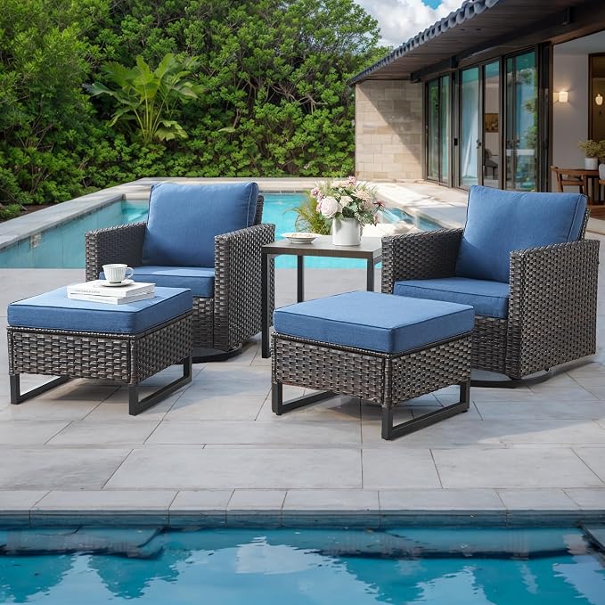 HUMMUH 7 Piece Patio Furniture Set Outdoor Sectional Sofa,High Back Patio Swivel Rocker Chairs with Ottomans Coffee Table for Porch,Garden,Backyard(Brown/Blue)