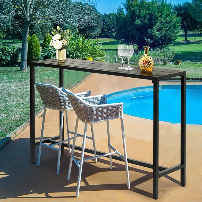 55" Outdoor Patio Bar Table,Rectangle Narrow Outdoor Counter Height Bar Table,Metal Patio Pub Bistro Cocktail Hot Tub Table,with Adjustable Feet,for Garden Deck Yard Poolside Balcony (Black)
