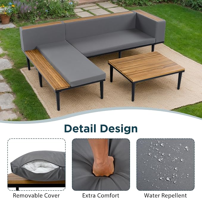 L-Shaped Metal Patio Furniture Set with Coffee Table and Removable Cushions, L-Shaped Outdoor Sectional Sofa with Side Table for Patio, Lawn, Yard, Pool or Backyard, Gray Cushion