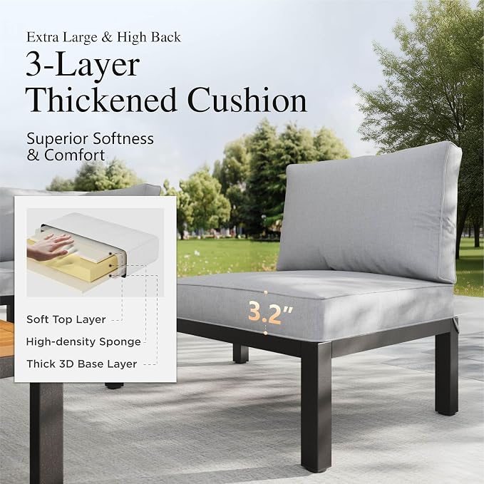 Sophia & William 6 Pieces Patio Furniture Set with Cushion, Metal Outdoor Sectional Sofa, Patio Conversation Sets with Wood Side Table, Modular Outdoor Seating Furniture for Backyard Deck Front Porch