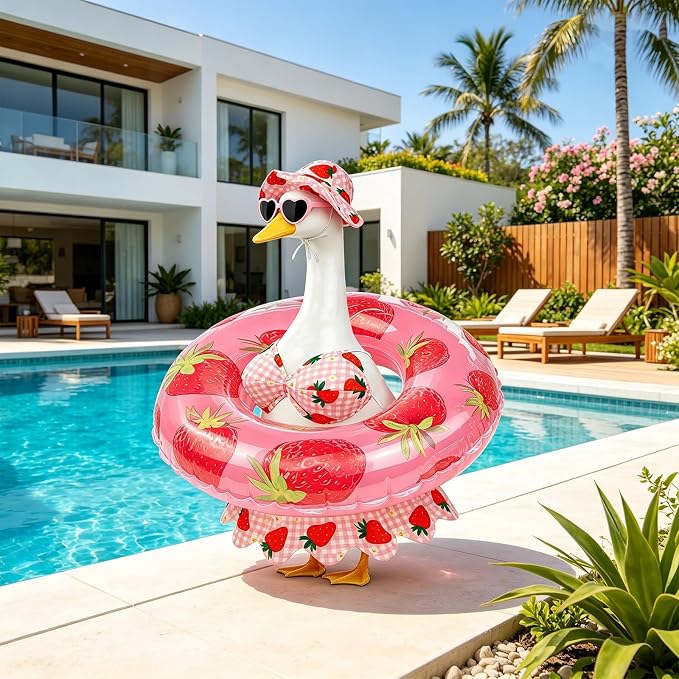 Hawaiian Porch Goose Outfits Summer Bikini Goose Outfit Fits 17 23 Inch | Strawberry Goose Costume with Sunglasses & Wreath for Cement Yard Plastic Statues, Outdoor Garden Patio Decor