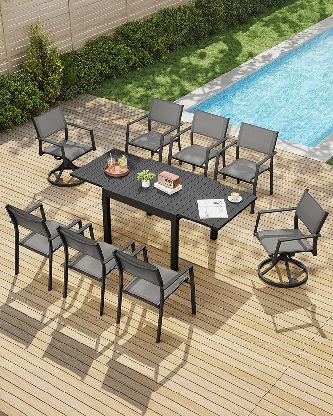 Patio Aluminum Extendable Dining Table, Never-Rust Expandable Outdoor Dining Table for 4-8 Person, 38"-77" Expandable Patio Table Rectangle Patio Dining Table for Porch, Deck, Garden, Black