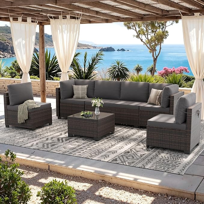 Soohow 7-Piece Patio Furniture Set, Outdoor Conversation Set, Thickened All-Weather Rattan Sectional Sofa with Tempered Glass Table for Garden, Porch, Backyard - Grey Cushions