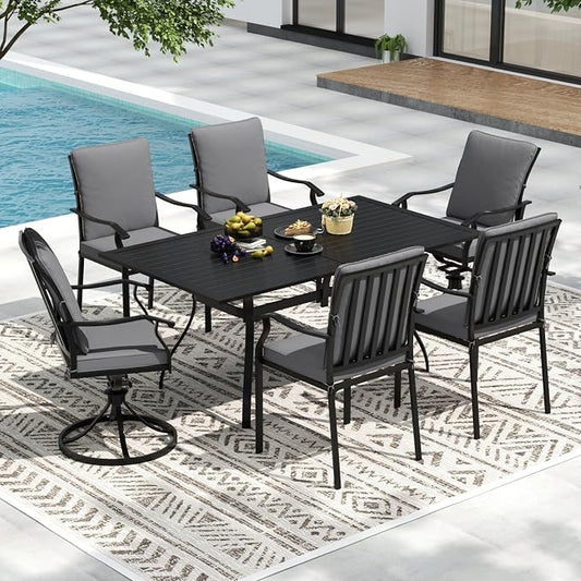 7 Piece Outdoor Patio Dining Set, 62’’ Rectangular Metal Dining Table & 4pcs Metal Dining Chairs & 2pcs Swivel Rocking Chairs , Outdoor Furniture Dining Set for Patio, Balcony, Lawn, Garden, Backyard