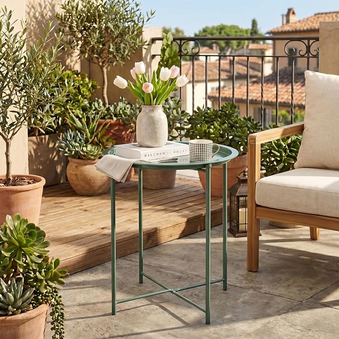 VECELO Side/End Table, Folding Round Metal Anti-Rust and Waterproof Outdoor or Indoor Tray for Living Room Bedroom Balcony and Office, 1 PCS, Dark Green