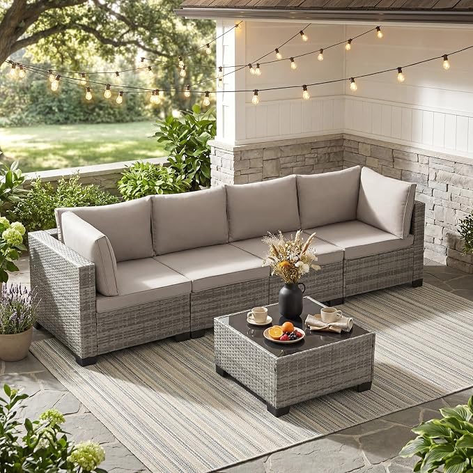 ANJ 5 Piece Outdoor Wicker Patio Furniture Set, Modular Loveseat Sofa with with Glass Top Coffee Table, All-Weather Rattan Conversation Couch Set for Balcony, Backyard, Light Grey Wicker-Grey