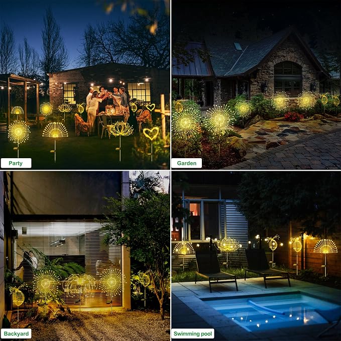 Slyuexu Solar Garden Lights Outdoor Waterproof, 2 Pack 120 LED Solar Firework Lights Decorative Garden Décor Outside for Flowerbed Pathway Party Christmas Decoration, Warm White