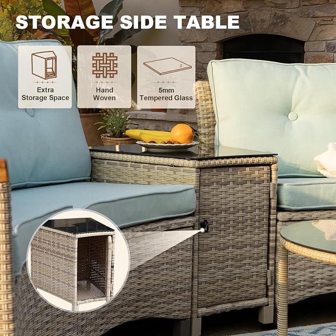 MEISSALIVVE 11-Piece Half-Moon Curved Outdoor Patio Furniture Set, Sectional Conversation Sofa with Wood Armrests, Coffee & Side Tables for Backyard Deck Garden, Blue