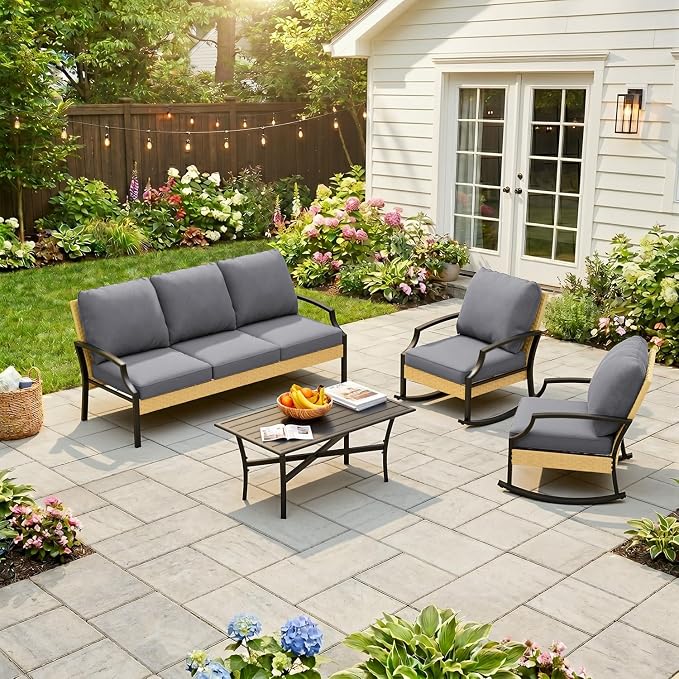 AECOJOY Patio Furniture Set, 4 Piece Rattan Conversation Set, Dark Gray | 3mm Rust-Resistant Steel, 5-Inch Cushions, 2 Rocking Chairs and Coffee Table for Porch, Garden, Lawn and Backyard