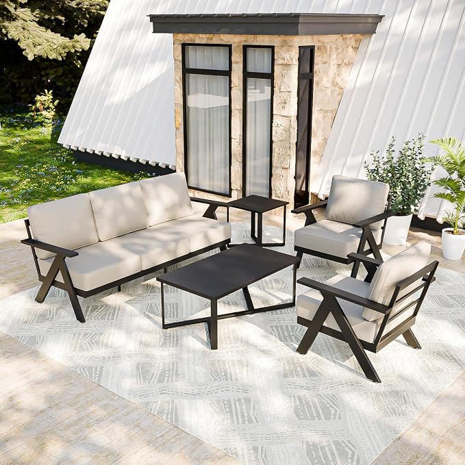 COOS BAY Iron Luxe 5 Piece Outdoor Patio Furniture Set, Modern Patio Conversation Set with 2 Patio Chairs, a 3 Seat Couch, Coffee Table & Side Table for Deck, Garden, Porch, Black/Beige