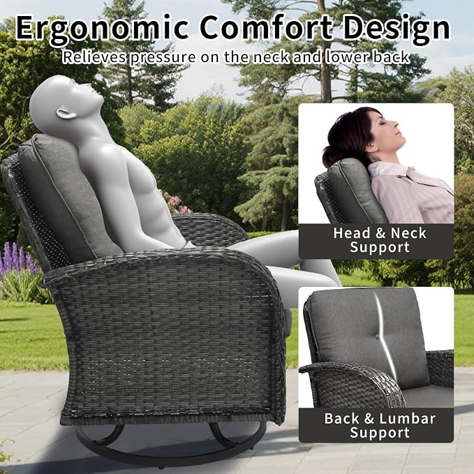 3 Piece Outdoor Swivel Rocker Patio Chairs, All-Weather Rattan Chair, Wicker Glider Patio Furniture Set with Side Table, for Garden, Backyard, Deck, Gray Rattan & Gray Cushions