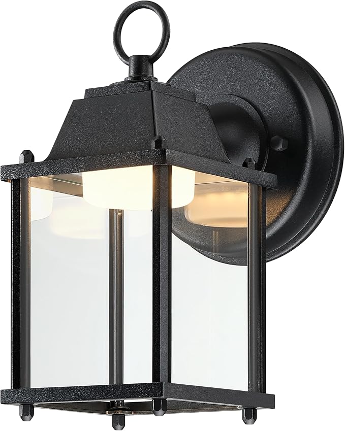 Outdoor Wall Light Fixture, Rustproof Aluminum, Clear Glass, LED | Exterior Porch Light Wall Sconce Lantern for House, Patio, Garage, Waterproof Anti-rust, 9.5W 800 Lumen, 3000K, Black, 1 Pack