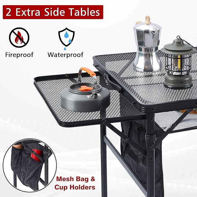 JOUYEK Folding Grill Table, 3x2 FT Portable Camping Table with 2 Wing Panels, Height Adjustable Metal Tables with Mesh Desktop and Mesh Bag, Outdoor Furniture for Camping, Picnic, Beach and BBQ, Black