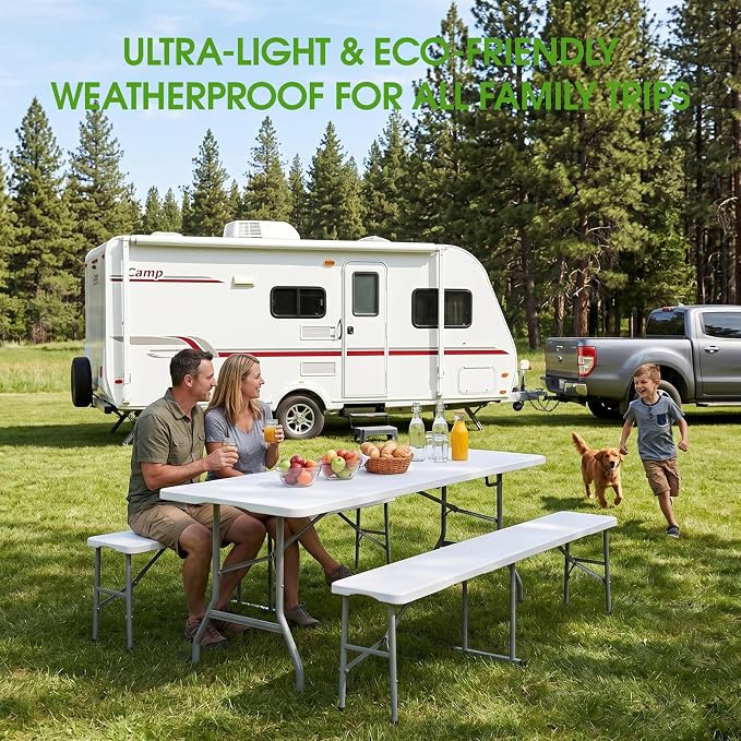 HLPB Folding Table Picnic Table Set, 6 ft Camping Table with 2 Benches, Outdoor Indoor Portable Folding Furniture for Working Meeting Party, Camping, Picnic, Weddings w/Handle and Safety Locks, White