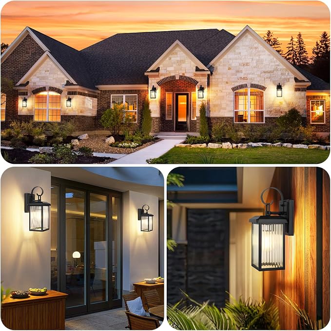 BesLowe 2-Pack Outdoor Wall Light Fixtures with Fluted Glass, Black | Waterproof, Rust-Resistant, Durable Metal, Standard E26 Socket, Easy to Install