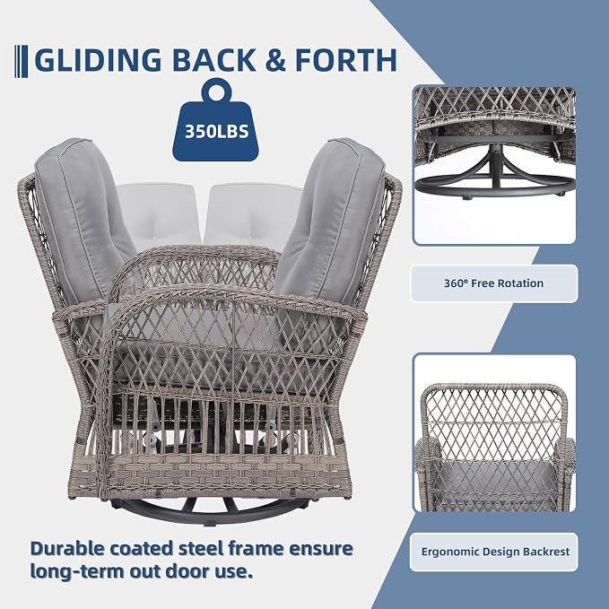 7-Piece Wicker Patio Furniture Sets Outdoor All-Weather Rattan Conversation Set Includes Glider Loveseat, 2 Glass-Top Coffee Tables, 2 Swivel-Gliders Chairs for Porch Backyard, Gray