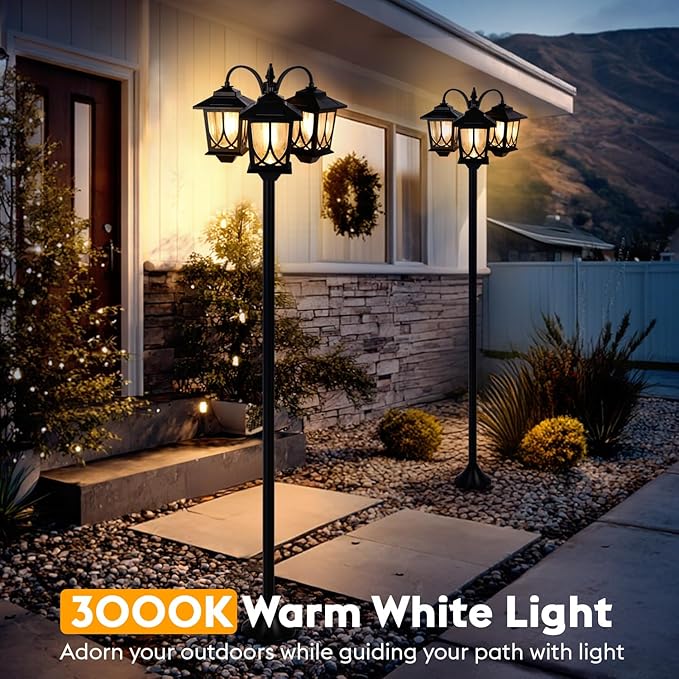 3-Head Solar Lamp Post Light, 73" Solar Lights Outdoor Waterproof, 60Lm 3000K Pathway Lights for Garden, Lawn, Yard