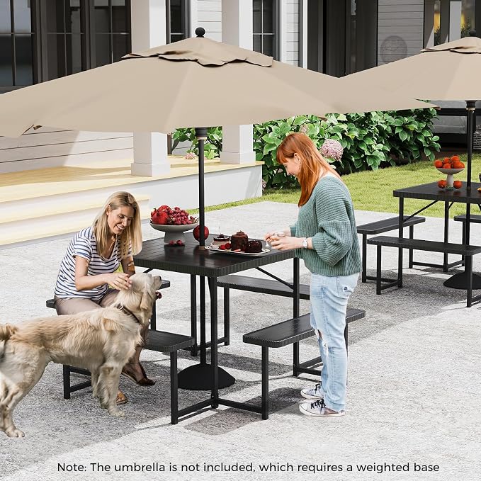 Giantex Picnic Table Bench Set for 4-8 People, 34" Outdoor Square Dining Table & 2 Benches w/Umbrella Hole, HDPE Tabletop, Metal Frame, Patio Camping Furniture for Backyard Porch Lawn (Black,Square)