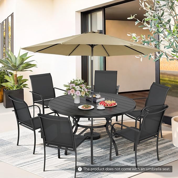 Incbruce 8 PCS Patio Dining Set with Brown Umbrella, Outdoor Dining Set of 6 Textilene Chairs and 53" Round Table with Umbrella Hole for Backyard, Garden, and Poolside (Black)
