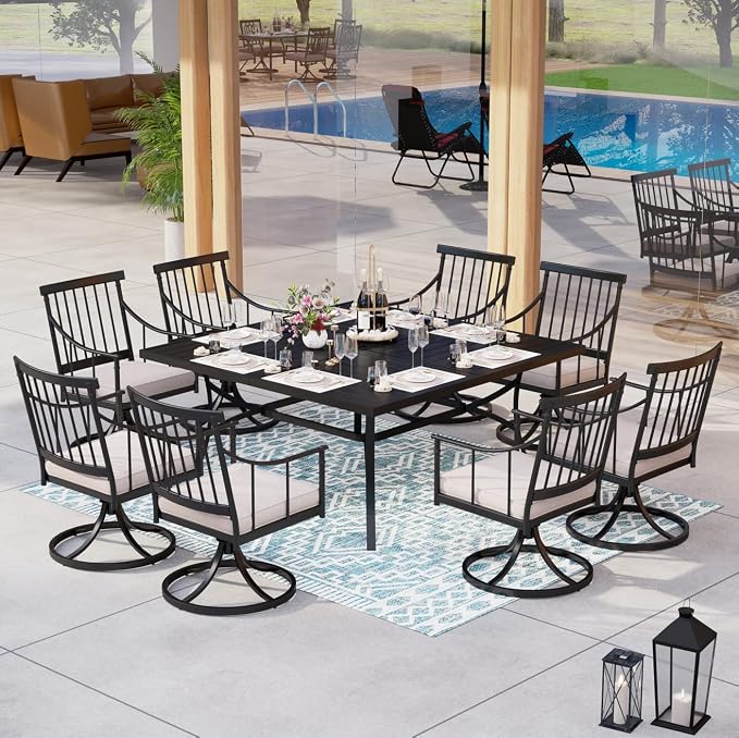 MFSTUDIO 9-Piece Patio Dining Set, Swivel Metal Chairs, Umbrella Hole | 57.5" Square Metal Table, Removable Cushions