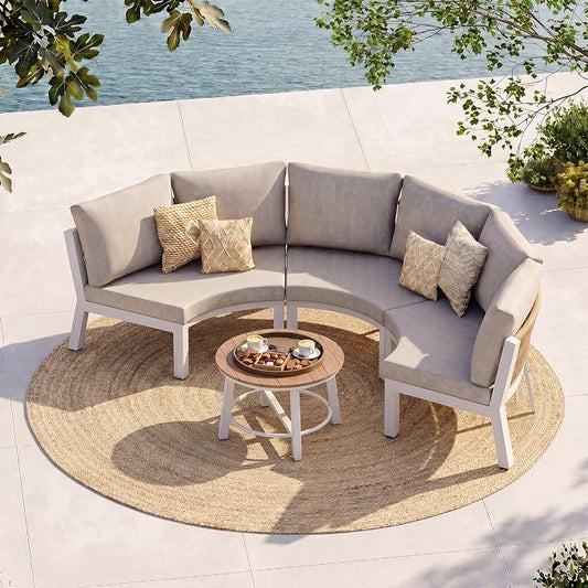 Patio Furniture Set, Aluminum Half-Moon Patio Conversation Sets, Luxury Curved Sofa with PE Rope, All-Weather 4 Piece Outdoor Sectional with Modular Coffee Table & Cushions, White