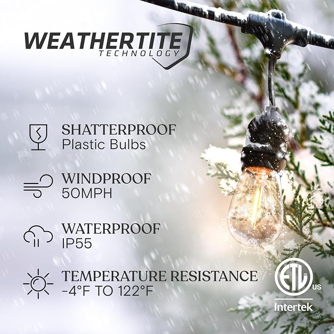 Brightech Ambience Pro LED String Lights, Commercial Grade 48 ft | Dimmable Outdoor String Lights, Waterproof Patio Lights, 15 Shatterproof LED Edison Bulbs for Backyard, 2W Warm White