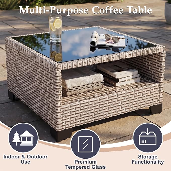 Patio Furniture Set, 10-Piece Outdoor Sectional Sofa with Swivel Rocker Chairs & 2-Layer Glass Coffee Table, Wicker Patio Conversation Set with Khaki Cushions