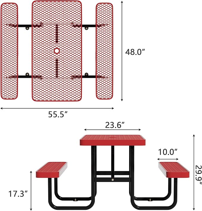 Picnic Tables for Outdoors,Commercial Metal Picnic Table Bench Set with Umbrella Hole,School Canteen Tables W/Seats - Heavy Duty Sturdy Picnic Tables Furniture for Patio Garden (Red, 6FT)